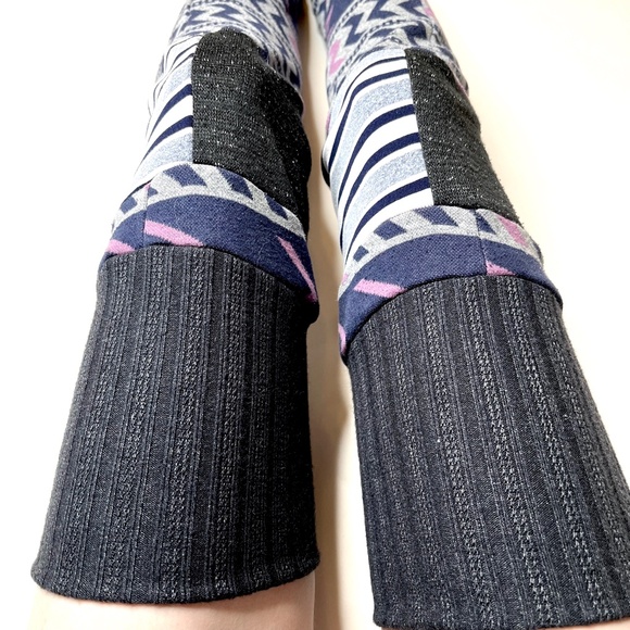 Patchwork Striped Leg Warmers Purple Sweater Knee Socks Gray Knit Thigh Highs OS - Picture 3 of 10